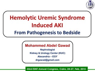 Hemolytic Uremic Syndrome
Induced AKIh
From Pathogenesis to Bedside
Mohammed Abdel Gawad
Nephrologist
Kidney & Urology Center (KUC)
Alexandria – EGY
drgawad@gmail.com
 