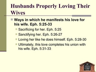 Husbands Properly Loving Their Wives Ways in which he manifests his love for his wife. Eph. 5:25-33 Sacrificing for her. Eph. 5:25 Sanctifying her. Eph. 5:26-27 Loving her like he does himself. Eph. 5:28-30 Ultimately, this love completes his union with his wife. Eph. 5:31-33 