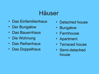 Häuser   Das Einfamilienhaus Der Bungalow Das Bauernhaus Die Wohnung Das Reihenhaus Das Doppelhaus Detached house Bungalow Farmhouse Apartment Terraced house Semi-detached house 