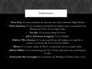 • Nora Grey: Es una estudiante de dieciséis años del Coldwater High School.
• Patch Cipriano: Es un estudiante transferido de último curso y compañero de
Biología de Nora. Es un ángel caído.
• Vee Sky: Es la mejor amiga de Nora.
• Jules/ Chauncey Langeais: Es un Nefilim.
• Dabria/ Miss Greene: Es la nueva psicóloga del colegio, un ángel de la
muerte y en el pasado fue la novia de Patch.
• Rixon: Es el mejor amigo de Patch y al igual que él, es un ángel caído.
• Marcie Millar: Es la archienemiga de Vee y Nora. Llevando una enemistad de
11 años.
• Entrenador Mc Conaughy: Es el profesor de Biología de Patch, Nora y Vee.
PERSONAJES
 