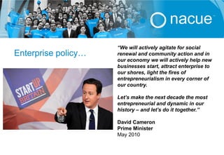 “We will actively agitate for social
Enterprise policy…   renewal and community action and in
                     our economy we will actively help new
                     businesses start, attract enterprise to
                     our shores, light the fires of
                     entrepreneurialism in every corner of
                     our country.

                     Let’s make the next decade the most
                     entrepreneurial and dynamic in our
                     history – and let’s do it together.”

                     David Cameron
                     Prime Minister
                     May 2010
 