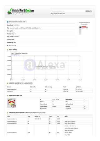huskereskedelem.hu                                                     SEARCH
                                                                                           e.g. google.com, bing.com




    INFO HUSKERESKEDELEM.HU:
                                                                                                                                                   huskereskedelem.hu
                                                                                                                                                       Screenshot
Alexa Rank: 1,967,071

Title: velence-meat kft. szk0065sfehr0076r002c raktr0020utca 13.

Description: -

Visits per day: 0

Daily Ads Revenue: $0

Creation Date: -

Domain Age: N/A

Ip: 78.131.55.134


   ALEXA TRAFFIC




   WEBSITES HOSTED ON THE SAME NETWORK

Domain                                       Daily traffic                    Daily earnings                     Rank                         Ip Adress
dreamnetwork.hu                              ≈0                               $0                                 2,497,509                    78.131.55.3
bniroda.hu                                   ≈0                               $0                                 5,943,130                    78.131.55.245


   NAME SERVER ANALYSIS

                                                                     Ip                        78.131.55.134           RegionName                             -
                                                                     Status                    ok                      City                                   -
                                                                     CountryCode               HU                      ZipPostalCode                          -
                                                                     CountryName               Hungary                 Latitude                               47
                                                                     RegionCode                -                       Longitude                              20


   SERVER RECORD ANALAYSIS FOR WWW.HUSKERESKEDELEM.HU

Host                                   Type            Target / IP                    Class              TTL       Other
huskereskedelem.hu                     A               78.131.55.134                  IN                 21600
huskereskedelem.hu                     NS                                             IN                 21600     target: ans1.t-online.hu
huskereskedelem.hu                     NS                                             IN                 21600     target: ans0.t-online.hu
                                                                                                                   mname: ans0.t-online.hu
                                                                                                                   rname: hostmaster.t-online.hu
                                                                                                                   serial: 2011042903
huskereskedelem.hu                     SOA                                            IN                 300       refresh: 28800
                                                                                                                   retry: 7200
 
