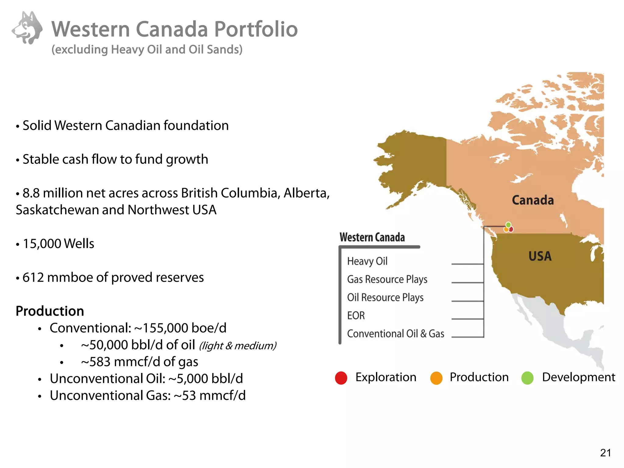 Western Canada Portfolio
      (excluding Heavy Oil and Oil Sands)




• Solid Western Canadian foundation

• Stable cash flow to fund growth

• 8.8 million net acres across British Columbia, Alberta,
Saskatchewan and Northwest USA

• 15,000 Wells

• 612 mmboe of proved reserves

Production
   • Conventional: ~155,000 boe/d
      • ~50,000 bbl/d of oil (light & medium)
      • ~583 mmcf/d of gas
   • Unconventional Oil: ~5,000 bbl/d                       Exploration   Production   Development
   • Unconventional Gas: ~53 mmcf/d



                                                                                               21
 
