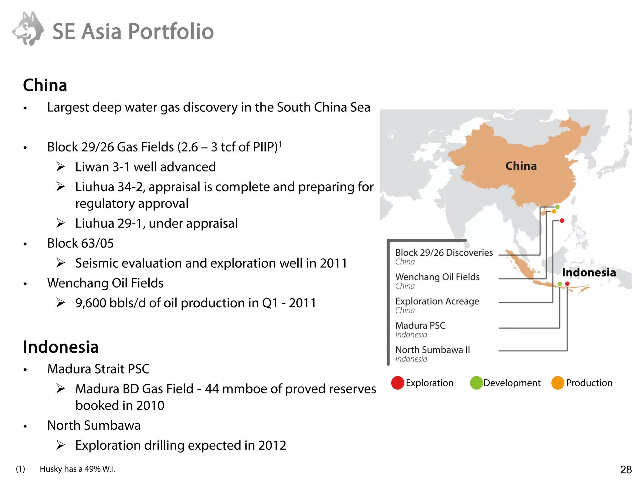 SE Asia Portfolio

  China
  •    Largest deep water gas discovery in the South China Sea

  •    Block 29/26 Gas Fields (2.6 – 3 tcf of PIIP)1
         Liwan 3-1 well advanced
         Liuhua 34-2, appraisal is complete and preparing for
            regulatory approval
         Liuhua 29-1, under appraisal
  •    Block 63/05
         Seismic evaluation and exploration well in 2011
  •    Wenchang Oil Fields
         9,600 bbls/d of oil production in Q1 - 2011


  Indonesia
  •   Madura Strait PSC
                                                                 Exploration   Development   Production
        Madura BD Gas Field - 44 mmboe of proved reserves
           booked in 2010
  • North Sumbawa
        Exploration drilling expected in 2012
    6/22/2011
(1)   Husky has a 49% W.I.                                                                                28
 