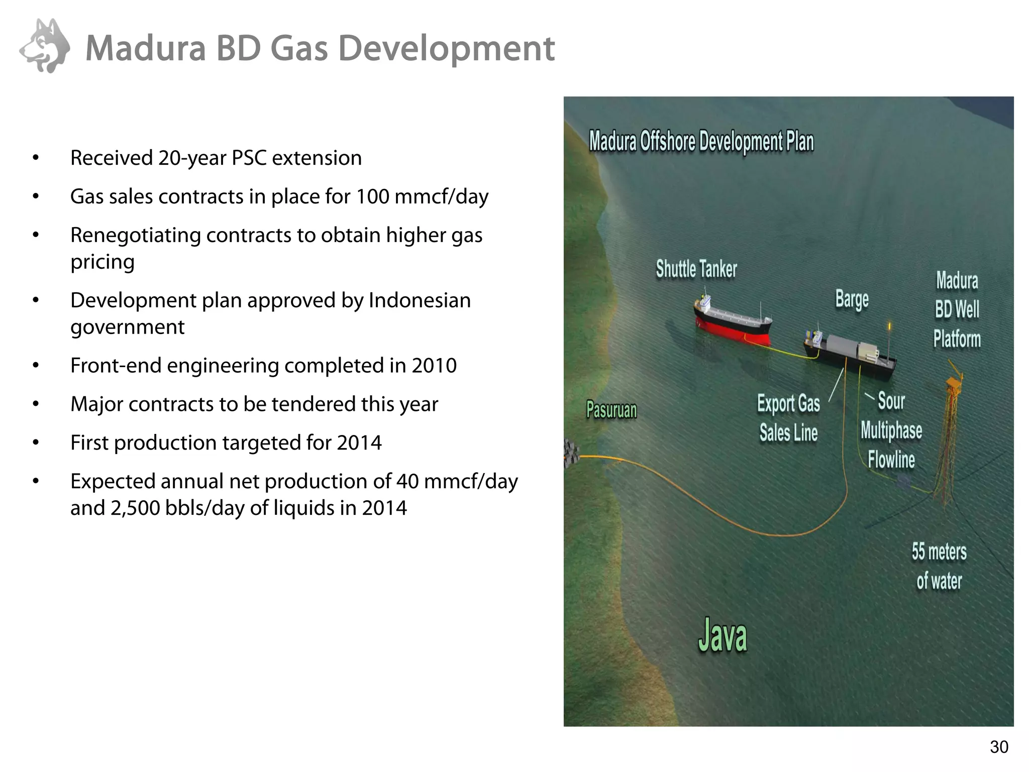 Madura BD Gas Development

•   Received 20-year PSC extension
•   Gas sales contracts in place for 100 mmcf/day
•   Renegotiating contracts to obtain higher gas
    pricing
•   Development plan approved by Indonesian
    government
•   Front-end engineering completed in 2010
•   Major contracts to be tendered this year
•   First production targeted for 2014
•   Expected annual net production of 40 mmcf/day
    and 2,500 bbls/day of liquids in 2014




                                                    30
 
