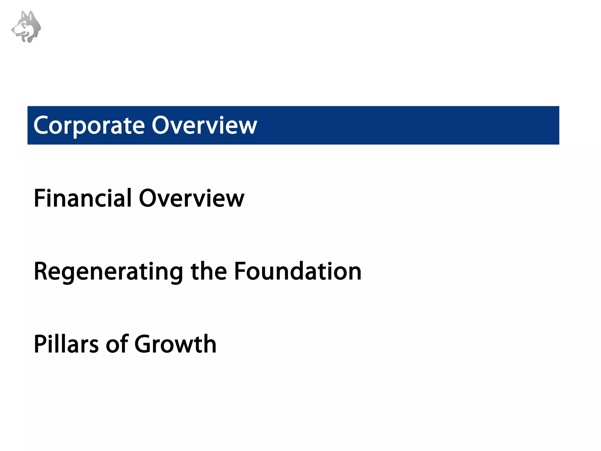 Corporate Overview

Financial Overview

Regenerating the Foundation

Pillars of Growth
 