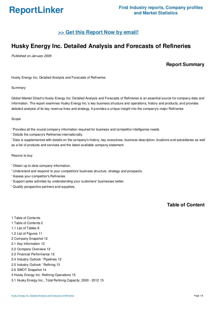 Husky Energy Inc Detailed Analysis And Forecasts Of Refineries