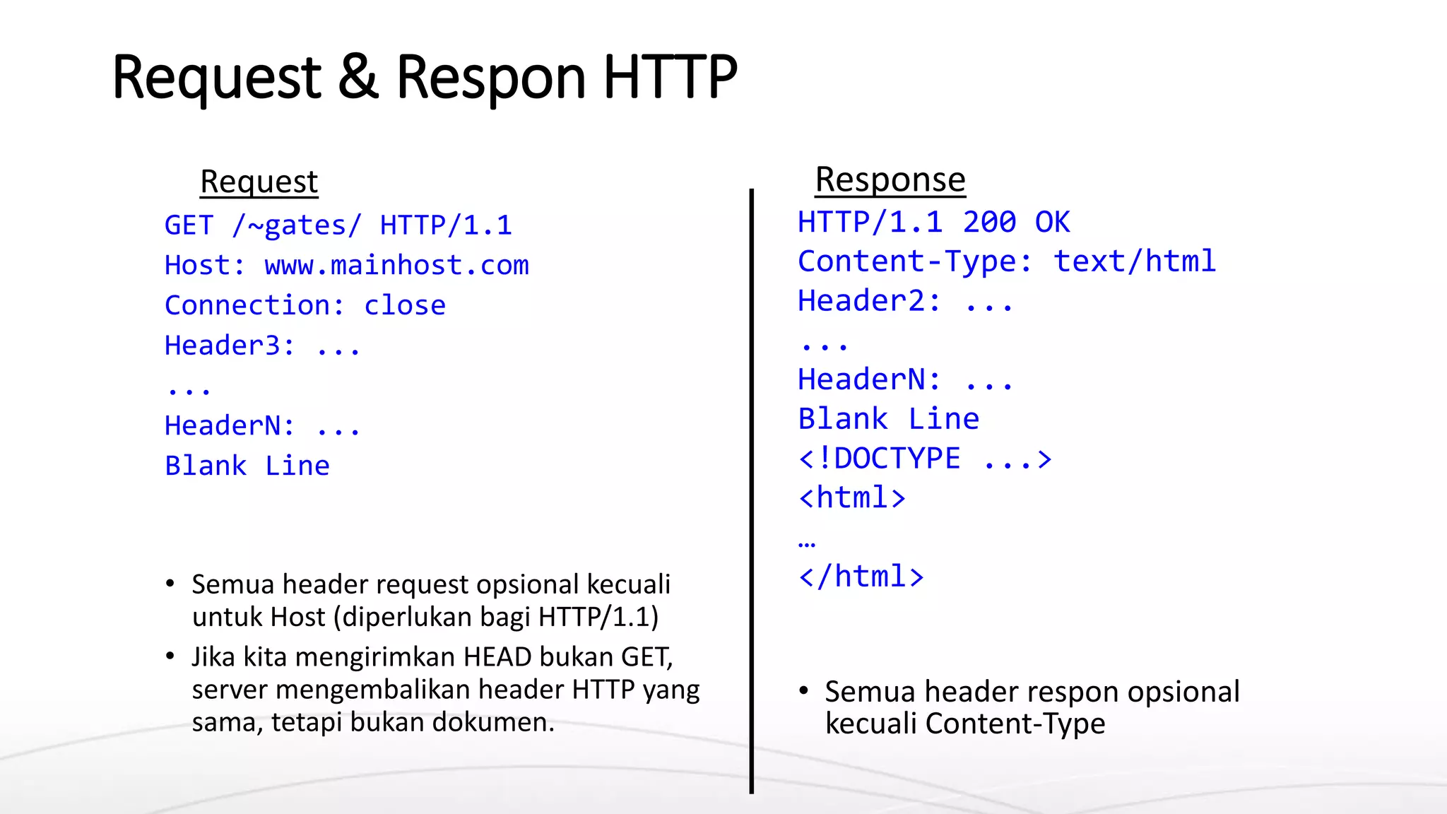 Request & Respon HTTP
Request
GET /~gates/ HTTP/1.1
Host: www.mainhost.com
Connection: close
Header3: ...
...
HeaderN: ...
Blank Line
• Semua header request opsional kecuali
untuk Host (diperlukan bagi HTTP/1.1)
• Jika kita mengirimkan HEAD bukan GET,
server mengembalikan header HTTP yang
sama, tetapi bukan dokumen.
Response
HTTP/1.1 200 OK
Content-Type: text/html
Header2: ...
...
HeaderN: ...
Blank Line
<!DOCTYPE ...>
<html>
…
</html>
• Semua header respon opsional
kecuali Content-Type
 