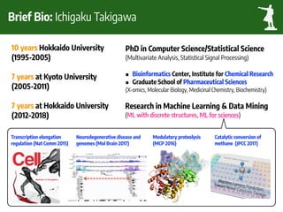 Brief Bio: Ichigaku Takigawa
Modulatory proteolysis 
(MCP 2016)
Transcription elongation
regulation (Nat Comm 2015)
Neurod...