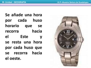 Se añade una hora
por cada huso
horario que se
recorra hacia
el Este y
se resta una hora
por cada huso que
se recorra hacia
el oeste.
III- Unidad : GEOGRAFÍA I.E.P «Nuestra Señora de Guadalupe»
 