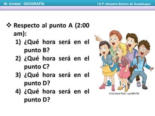  Respecto al punto A (2:00
am):
1) ¿Qué hora será en el
punto B?
2) ¿Qué hora será en el
punto C?
3) ¿Qué hora será en el
punto D?
4) ¿Qué hora será en el
punto D?
III- Unidad : GEOGRAFÍA I.E.P «Nuestra Señora de Guadalupe»
 