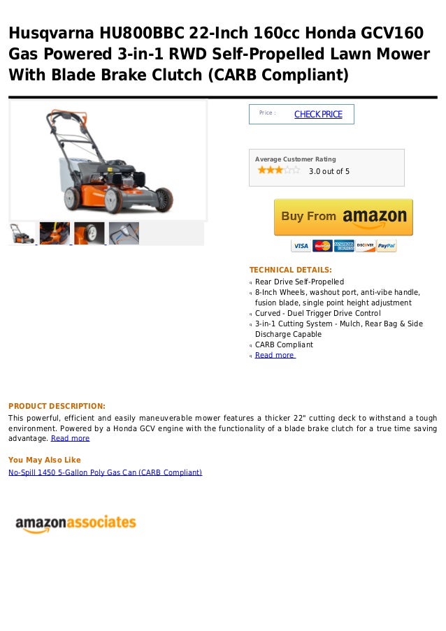 Husqvarna hu800 bbc 22 inch 160cc honda gcv160 gas powered 3in1 rwd