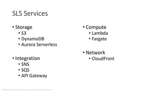 BUSINESS DOCUMENT This document is intended for business use and should be distributed to intended recipients only.
SLS Services
• Storage
• S3
• DynamoDB
• Aurora Serverless
• Integration
• SNS
• SQS
• API Gateway
• Compute
• Lambda
• Fargate
• Network
• CloudFront
 