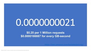 BUSINESS DOCUMENT This document is intended for business use and should be distributed to intended recipients only.
0.0000000021
9
$0.20 per 1 Million requests
$0.0000166667 for every GB-second
https://aws.amazon.com/lambda/pricing/
 