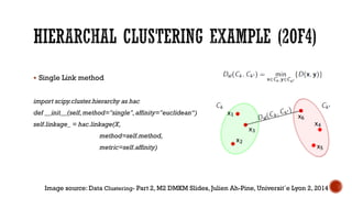  Single Link method
import scipy.cluster.hierarchy as hac
def __init__(self,method="single",affinity="euclidean“)
self.linkage_ = hac.linkage(X,
method=self.method,
metric=self.affinity)
Image source: Data Clustering- Part 2, M2 DMKM Slides, Julien Ah-Pine, Universit´e Lyon 2, 2014
 