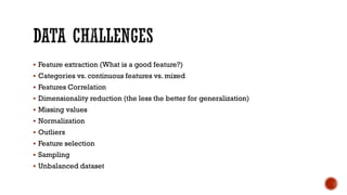  Feature extraction (What is a good feature?)
 Categories vs. continuous features vs. mixed
 Features Correlation
 Dimensionality reduction (the less the better for generalization)
 Missing values
 Normalization
 Outliers
 Feature selection
 Sampling
 Unbalanced dataset
 