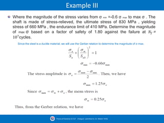 Example III
Where the magnitude of the stress varies from σ min =-0.6 σ max to max σ . The
shaft is made of stress-relieved, the ultimate stress of 830 MPa , yielding
stress of 660 MPa , the endurance limit of 410 MPa. Determine the magnitude
of max σ based on a factor of safety of 1.80 against the failure at 𝑁𝑓 =
107
cycles.
Since the steel is a ductile material, we will use the Gerber relation to determine the magnitude of σ max.
Theory of Elasticity CE-527 (Fatigue) submitted to Dr. Nildem TAYŞİ
 
