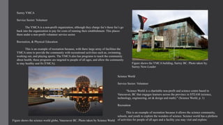 Figure shows the YMCA building, Surrey BC. Photo taken by,
Surrey Now-Leader
Surrey YMCA
Service Sector: Volunteer
The YMCA is a non-profit organization, although they charge fee’s these fee’s go
back into the organization to pay for costs of running their establishment. This places
them under a non-profit volunteer service sector.
Recreation, & Physical Education
This is an example of recreation because, with there large array of facilities the
YMCA aims to provide the community with recreational activities such as, swimming,
working out, and playing sports. The YMCA also has programs to teach the community
about health, these programs are targeted to people of all ages, and allow the community
to stay healthy and fit (YMCA).
Figure shows the science world globe, Vancouver BC. Photo taken by Science World
Science World
Service Sector: Volunteer
“Science World is a charitable non-profit and science centre based in
Vancouver, BC that engages learners across the province in STEAM (science,
technology, engineering, art & design and math).” (Science World, p. 1)
Recreation
This is an example of recreation because it allows the science community,
schools, and youth to explore the wonders of science. Science world has a plethora
of activities for people of all ages and a facility you may visit and explore.
 