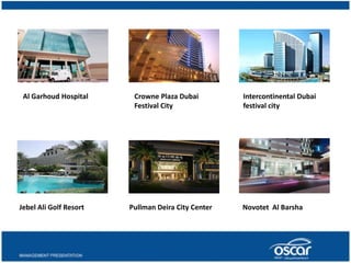 Intercontinental Dubai 
festival city 
Crowne Plaza Dubai 
Festival City 
Al Garhoud Hospital 
Jebel Ali Golf Resort Pullman Deira City Center Novotet Al Barsha 
 