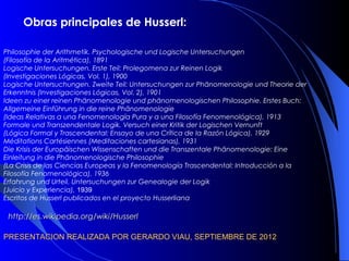 Obras principales de Husserl:

Philosophie der Arithmetik. Psychologische und Logische Untersuchungen
(Filosofía de la Aritmética), 1891
Logische Untersuchungen. Erste Teil: Prolegomena zur Reinen Logik
(Investigaciones Lógicas, Vol. 1), 1900
Logische Untersuchungen. Zweite Teil: Untersuchungen zur Phänomenologie und Theorie der
Erkenntnis (Investigaciones Lógicas, Vol. 2), 1901
Ideen zu einer reinen Phänomenologie und phänomenologischen Philosophie. Erstes Buch:
Allgemeine Einführung in die reine Phänomenologie
(Ideas Relativas a una Fenomenología Pura y a una Filosofía Fenomenológica), 1913
Formale und Transzendentale Logik. Versuch einer Kritik der Logischen Vernunft
(Lógica Formal y Trascendental: Ensayo de una Crítica de la Razón Lógica), 1929
Méditations Cartésiennes (Meditaciones cartesianas), 1931
Die Krisis der Europäischen Wissenschaften und die Transzentale Phänomenologie: Eine
Einleitung in die Phänomenologische Philosophie
(La Crisis de las Ciencias Europeas y la Fenomenología Trascendental: Introducción a la
Filosofía Fenomenológica), 1936
Erfahrung und Urteil. Untersuchungen zur Genealogie der Logik
(Juicio y Experiencia), 1939
Escritos de Husserl publicados en el proyecto Husserliana

 http://es.wikipedia.org/wiki/Husserl
 