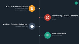 4
Run Tests on Real Device
Run Android test suite on real
devices using Appium Docker
Setup Using Docker Compose
Faster setup with docker-
compose
Android Emulator in Docker
Setup android emulator with
docker
SMS Simulation
Simulate receiving SMS
 