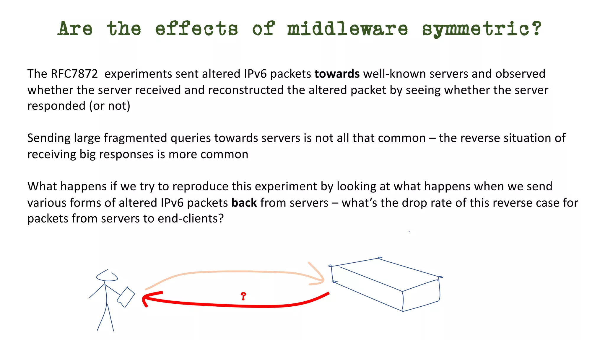 Are the effects of middleware symmetric?
The RFC7872 experiments sent altered IPv6 packets towards well-known servers and observed
whether the server received and reconstructed the altered packet by seeing whether the server
responded (or not)
Sending large fragmented queries towards servers is not all that common – the reverse situation of
receiving big responses is more common
What happens if we try to reproduce this experiment by looking at what happens when we send
various forms of altered IPv6 packets back from servers – what’s the drop rate of this reverse case for
packets from servers to end-clients?
?
 