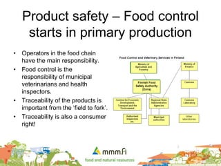Product safety – Food control
starts in primary production
• Operators in the food chain
have the main responsibility.
• Food control is the
responsibility of municipal
veterinarians and health
inspectors.
• Traceability of the products is
important from the ‘field to fork’.
• Traceability is also a consumer
right!
 