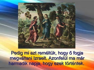 Pedig mi azt reméltük, hogy ő fogja megváltani Izraelt. Azonfelül ma már harmadik napja, hogy ezek történtek.  