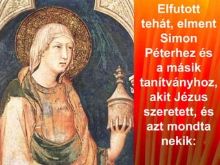 Elfutott
tehát, elment
Simon
Péterhez és
a másik
tanítványhoz,
akit Jézus
szeretett, és
azt mondta
nekik:
 