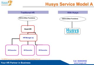 Husys Consulting Pvt Ltd, © copyrights ReservedYour HR Partner in Business
Call: 9848028582
www.husys.net
Husys Service Model A
Head-HR
HR Executive HR Executive HR Executive
HR Manager (s)
Traditional HR With Husys
* © HRFM service is copyrighted by Husys Consulting Pvt Ltd
CEO & Other FunctionsCEO & Other Functions
 