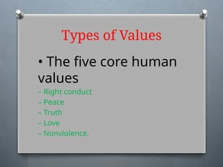 Types of Values
• The five core human
values
– Right conduct
– Peace
– Truth
– Love
– Nonviolence.
 