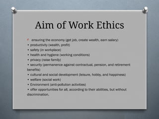 Aim of Work Ethics
O ensuring the economy (get job, create wealth, earn salary)
• productivity (wealth, profit)
• safety (in workplace)
• health and hygiene (working conditions)
• privacy (raise family)
• security (permanence against contractual, pension, and retirement
benefits)
• cultural and social development (leisure, hobby, and happiness)
• welfare (social work)
• Environment (anti-pollution activities)
• offer opportunities for all, according to their abilities, but without
discrimination.
 