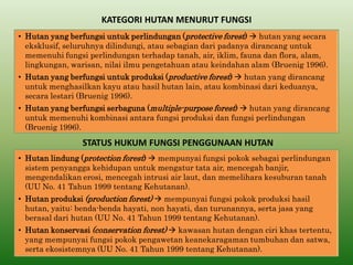 KATEGORI HUTAN MENURUT FUNGSI 
•Hutan yang berfungsi untuk perlindungan (protective forest)  hutan yang secara eksklusif, seluruhnya dilindungi, atau sebagian dari padanya dirancang untuk memenuhi fungsi perlindungan terhadap tanah, air, iklim, fauna dan flora, alam, lingkungan, warisan, nilai ilmu pengetahuan atau keindahan alam (Bruenig 1996). 
•Hutan yang berfungsi untuk produksi (productive forest)  hutan yang dirancang untuk menghasilkan kayu atau hasil hutan lain, atau kombinasi dari keduanya, secara lestari (Bruenig 1996). 
•Hutan yang berfungsi serbaguna (multiple-purpose forest)  hutan yang dirancang untuk memenuhi kombinasi antara fungsi produksi dan fungsi perlindungan (Bruenig 1996). 
STATUS HUKUM FUNGSI PENGGUNAAN HUTAN 
•Hutan lindung (protection forest)  mempunyai fungsi pokok sebagai perlindungan sistem penyangga kehidupan untuk mengatur tata air, mencegah banjir, mengendalikan erosi, mencegah intrusi air laut, dan memelihara kesuburan tanah (UU No. 41 Tahun 1999 tentang Kehutanan). 
•Hutan produksi (production forest)  mempunyai fungsi pokok produksi hasil hutan, yaitu: benda-benda hayati, non hayati, dan turunannya, serta jasa yang berasal dari hutan (UU No. 41 Tahun 1999 tentang Kehutanan). 
•Hutan konservasi (conservation forest)  kawasan hutan dengan ciri khas tertentu, yang mempunyai fungsi pokok pengawetan keanekaragaman tumbuhan dan satwa, serta ekosistemnya (UU No. 41 Tahun 1999 tentang Kehutanan).  