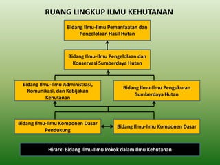 RUANG LINGKUP ILMU KEHUTANAN 
Bidang Ilmu-Ilmu Pemanfaatan dan Pengelolaan Hasil Hutan 
Bidang Ilmu-Ilmu Pengelolaan dan Konservasi Sumberdaya Hutan 
Bidang Ilmu-Ilmu Administrasi, Komunikasi, dan Kebijakan Kehutanan 
Bidang Ilmu-Ilmu Pengukuran Sumberdaya Hutan 
Bidang Ilmu-Ilmu Komponen Dasar 
Bidang Ilmu-Ilmu Komponen Dasar Pendukung 
Hirarki Bidang Ilmu-Ilmu Pokok dalam Ilmu Kehutanan  