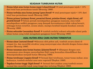 KEADAAN TUMBUHAN HUTAN 
•Hutan lebat atau hutan hutan rapat (closed forest)  total penutupan tajuk > 10% dari total luas permukaan tanah (Bruenig 1996). 
•Hutan terbuka atau hutan jarang (open forest)  total penutupan tajuk < 10% dari total luas permukaan tanah (Bruenig 1996). 
•Hutan primer (primary forest, premival forest, pristine forest, virgin forest, old growth forest)  belum pernah mendapatkan gangguan manusia, atau telah mendapatkan sedikit gangguan yang dampak kerusakannya tidak cukup berarti, sehingga hutan tersebut, secara alami, mampu kembali kepada keadaan semula (Bruenig 1996). 
•Hutan sekunder (secondary forest)  tumbuh melalui suksesi sekunder alami pada lahan hutan yang telah mengalami gangguan berat (Bruenig 1996). 
ASAL HUTAN ATAU CARA HUTAN TERBENTUK 
•Hutan alam (natural forest) disusun oleh pohon asli, tumbuh secara alami di tempat itu, dan memiliki struktur yang menyerupai atau identik dengan hutan alam primer (Bruenig 1996). 
•Hutan tanaman atau hutan buatan (planted forest)  dibangun dengan cara penanaman atau dengan menyebarkan (biji) yang kemudian dimodifikasi dan dimanipulasikan menjadi hutan (Bruenig 1996). 
•Hutan terubusan (coppice forest)  berasal dari terubusan, tunas-tunas mekar, atau keduanya, tumbuh melalui cara-cara vegetatif (Dephut 1990). 
•Tegakan hutan tinggi (high forest)  berasal dari anakan yang tumbuh secara normal dan memiliki tajuk yang tinggi dan tertutup (Dephut 1990).  