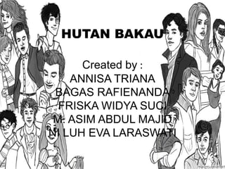 HUTAN BAKAU 
Created by : 
ANNISA TRIANA 
BAGAS RAFIENANDA 
FRISKA WIDYA SUCI 
M. ASIM ABDUL MAJID 
NI LUH EVA LARASWATI 
 