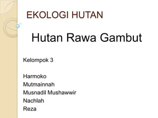 EKOLOGI HUTAN

  Hutan Rawa Gambut
Kelompok 3

Harmoko
Mutmainnah
Musnadil Mushawwir
Nachlah
Reza
 