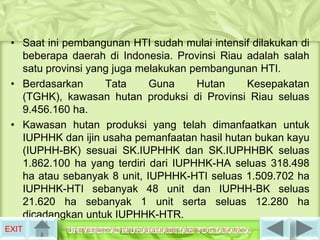 • Saat ini pembangunan HTI sudah mulai intensif dilakukan di
   beberapa daerah di Indonesia. Provinsi Riau adalah salah
   satu provinsi yang juga melakukan pembangunan HTI.
 • Berdasarkan      Tata     Guna     Hutan    Kesepakatan
   (TGHK), kawasan hutan produksi di Provinsi Riau seluas
   9.456.160 ha.
 • Kawasan hutan produksi yang telah dimanfaatkan untuk
   IUPHHK dan ijin usaha pemanfaatan hasil hutan bukan kayu
   (IUPHH-BK) sesuai SK.IUPHHK dan SK.IUPHHBK seluas
   1.862.100 ha yang terdiri dari IUPHHK-HA seluas 318.498
   ha atau sebanyak 8 unit, IUPHHK-HTI seluas 1.509.702 ha
   IUPHHK-HTI sebanyak 48 unit dan IUPHH-BK seluas
   21.620 ha sebanyak 1 unit serta seluas 12.280 ha
   dicadangkan untuk IUPHHK-HTR.
EXIT
 