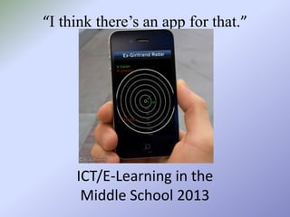 “I think there’s an app for that.”




     ICT/E-Learning in the
      Middle School 2013
 
