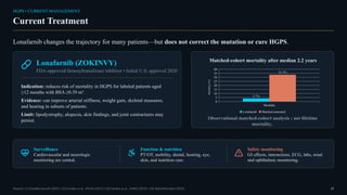 HGPS • CURRENT MANAGEMENT
Current Treatment
Lonafarnib changes the trajectory for many patients—but does not correct the mutation or cure HGPS.
Lonafarnib (ZOKINVY)
FDA-approved farnesyltransferase inhibitor • Initial U.S. approval 2020
Indication: reduces risk of mortality in HGPS for labeled patients aged
≥12 months with BSA ≥0.39 m².
Evidence: can improve arterial stiffness, weight gain, skeletal measures,
and hearing in subsets of patients.
Limit: lipodystrophy, alopecia, skin findings, and joint contractures may
persist.
Matched-cohort mortality after median 2.2 years
Mortality
0
5
10
15
20
25
30
35
40
3.7%
33.3%
Lonafarnib Matched untreated
Mortality
(%)
Observational matched-cohort analysis ; not lifetime
mortality..
Surveillance
Cardiovascular and neurologic
monitoring are central.
Function & nutrition
PT/OT, mobility, dental, hearing, eye,
skin, and nutrition care.
Safety monitoring
GI effects, interactions, ECG, labs, renal
and ophthalmic monitoring.
Sources: [1] GeneReviews® (2025) • [3] Gordon et al., PNAS (2012) • [4] Gordon et al., JAMA (2018) • [9] DailyMed label (2024) 17
 
