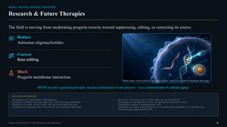 HGPS • TRANSLATIONAL FRONTIER
Research & Future Therapies
The field is moving from moderating progerin toxicity toward suppressing, editing, or correcting its source.
Reduce
Antisense oligonucleotides.
Correct
Base editing.
Block
Progerin membrane interaction.
Molecular correction is an aspiration—not yet a proven human therapy.
HGPS reveals a general principle: nuclear architecture is not passive—it is a determinant of cellular aging.
SELECTED REFERENCES
[1] GeneReviews® (2025). HGPS. NCBI Bookshelf.
[3] Gordon et al. PNAS. 2012;109:16666–16671. doi:10.1073/pnas.1202529109
[4] Gordon et al. JAMA. 2018;319:1687–1695. doi:10.1001/jama.2018.3264
[5] Gonzalo et al. Ageing Res Rev. 2016;33:18–29. doi:10.1016/j.arr.2016.06.007
[6] Cao et al. J Clin Invest. 2011;121:2833–2844. doi:10.1172/JCI43578
[8] Puttaraju et al. Nat Med. 2021;27:526–535. doi:10.1038/s41591-021-01262-4
[9] DailyMed. ZOKINVY (lonafarnib) label, 2024.
[10] Koblan et al. Nature. 2021;589:608–614. doi:10.1038/s41586-020-03086-7 • [11] NCT06775041,
ClinicalTrials.gov (updated 2026-02-09)
Sources: [5] [8] [10] [11] • Full references are provided above. 18
 