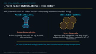HGPS • MUSCULOSKELETAL & METABOLIC PHYSIOLOGY
Growth Failure Reflects Altered Tissue Biology
Bone, connective tissue, and adipose tissue are all affected by the same nuclear-stress biology.
MUSCULOSKELETAL
Reduced mineralization
Skeletal dysplasia, coxa valga and hip problems,
joint contractures.
METABOLIC / ADIPOSE
Severe lipoatrophy
Abnormal body composition, low body weight,
and profound growth failure—not simply lack of
caloric intake.
The same nuclear-stress biology reshapes both the skeleton and the body’s energy-storage tissues.
Sources: [1] GeneReviews® (2025) • [2] StatPearls (2025) • [3] Gordon et al., PNAS (2012) • [5] Gonzalo et al. (2016) 6
 