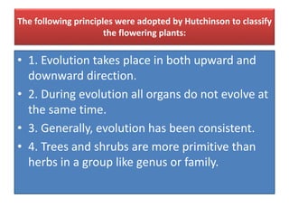 The following principles were adopted by Hutchinson to classify
the flowering plants:
• 1. Evolution takes place in both upward and
downward direction.
• 2. During evolution all organs do not evolve at
the same time.
• 3. Generally, evolution has been consistent.
• 4. Trees and shrubs are more primitive than
herbs in a group like genus or family.
 