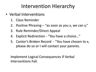 Intervention Hierarchy
• Verbal Interventions
1. Class Reminder
2. Positive Phrasing – “as soon as you x, we can y.”
3. Rule Reminder/Direct Appeal
4. Explicit Redirection - “You have a choice…”
5. Cantor’s Broken Record - “You have chosen to x,
please do so or I will contact your parents.
Implement Logical Consequences if Verbal
Interventions Fail.
 