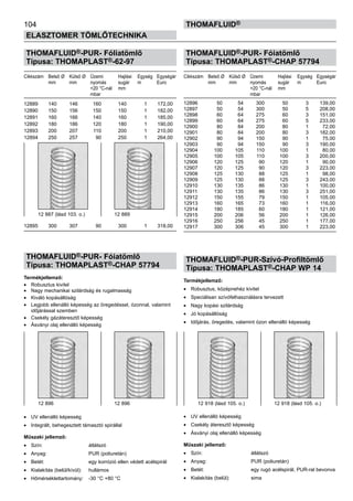 104
ELASZTOMER TÖMLŐTECHNIKA
thomafluid®
THOMAFLUID®-PUR- Fóliatömlő
Típusa: THOMAPLAST®-62-97
Cikkszám	 Belső Ø	 Külső Ø	 Üzemi	 Hajlási	 Egység	 Egységár
	 mm	 mm	 nyomás	 sugár	 m	 Euro
			 +20 °C-nál	 mm
			 mbar
12889	 140	 146	 160 	 140	 1	 172,00
12890 	 150	 156	 150 	 150	 1	 182,00
12891	 160	 166	 140 	 160	 1	 185,00
12892 	 180	 186	 120 	 180	 1	 190,00
12893	 200	 207	 110 	 200	 1	 210,00
12894 	 250	 257	 90 	 250	 1	 264,00
12895 	 300	 307	 90 	 300	 1	 318,00
THOMAFLUID®-PUR- Fóiatömlő
Típusa: THOMAPLAST®-CHAP 57794
Termékjellemző:
•	 Robusztus kivitel
•	 Nagy mechanikai szilárdság és rugalmasság
•	 Kiváló kopásállóság
•	 Legjobb ellenálló képesség az öregedéssel, ózonnal, valamint
időjárással szemben
•	 Csekély gázáteresztő képesség
•	 Ásványi olaj ellenálló képesség
•	 UV ellenálló képesség
•	 Integrált, behegesztett támasztó spirállal
Műszaki jellemző:
•	 Szín:	 átlátszó
•	 Anyag:	 PUR (poliuretán)
•	 Betét:	 egy korrózió ellen védett acélspirál
•	 Kialakítás (belül/kívül):	 hullámos
•	 Hőmérséklettartomány:	 -30 °C +80 °C
THOMAFLUID®-PUR- Fóiatömlő
Típusa: THOMAPLAST®-CHAP 57794
Cikkszám	 Belső Ø	 Külső Ø	 Üzemi	 Hajlási	 Egység	 Egységár
	 mm	 mm	 nyomás	 sugár	 m	 Euro
			 +20 °C-nál	 mm
			 mbar
12896 	 50	 54	 300 	 50	 3	 139,00
12897 	 50	 54	 300 	 50	 5	 208,00
12898	 60	 64	 275 	 60	 3	 151,00
12899 	 60	 64	 275 	 60	 5	 233,00
12900	 80	 84	 200 	 80	 1	 72,00
12901 	 80	 84	 200 	 80	 3	 182,00
12902 	 90 	 94	 150 	 90	 1	 75,00
12903 	 90	 94	 150 	 90	 3	 190,00
12904 	 100	 105	 110 	 100	 1	 80,00
12905	 100	 105	 110 	 100	 3	 200,00
12906 	 120	 125	 90 	 120	 1	 90,00
12907	 120	 125	 90 	 120	 3	 223,00
12908 	 125	 130	 88 	 125	 1	 98,00
12909 	 125 	 130	 88 	 125	 3	 243,00
12910 	 130	 135	 86 	 130	 1	 100,00
12911	 130	 135	 86 	 130	 3	 251,00
12912 	 150	 155	 79 	 150	 1	 105,00
12913	 160	 165	 73 	 160	 1	 116,00
12914 	 180	 185	 60 	 180	 1	 121,00
12915 	 200 	 206	 56 	 200	 1	 126,00
12916 	 250	 256	 45 	 250	 1	 177,00
12917 	 300 	 306	 45 	 300	 1	 223,00
THOMAFLUID®-PUR-Szívó-Profiltömlő
Típusa: THOMAPLAST®-CHAP WP 14
Termékjellemző:
•	 Robusztus, középnehéz kivitel
•	 Speciálisan szívófelhasználásra tervezett
•	 Nagy kopási szilárdság
•	 Jó kopásállóság
•	 Időjárás, öregedés, valamint ózon ellenálló képesség
•	 UV ellenálló képesség
•	 Csekély áteresztő képesség
•	 Ásványi olaj ellenálló képesség
Műszaki jellemző:
•	 Szín:	 átlátszó
•	 Anyag:	 PUR (poliuretán)
•	 Betét:	 egy rugó acélspirál, PUR-ral bevonva
•	 Kialakítás (belül):	 sima
12 887 (lásd 103. o.) 12 889
12 918 (lásd 105. o.) 12 918 (lásd 105. o.)12 896 12 896
 