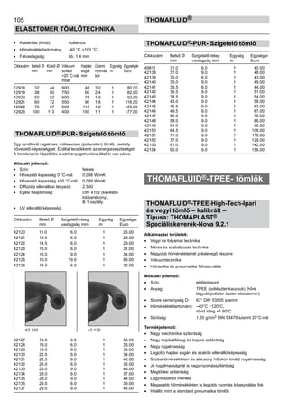 105
ELASZTOMER TÖMLŐTECHNIKA
thomafluid®
•	 Kialakítás (kívül):	 hullámos
•	 Hőmérséklettartomány:	 -40 °C +100 °C
•	 Falvastagság:	 kb. 1,4 mm
Cikkszám	 Belső Ø	 Külső Ø	 Vákuum	 Hajlási	 Üzemi	 Egység	 Egységár
	 mm	 mm	 szilárd	 sugár	 nyomás	 m	 Euro
			 +20 °C-nál	 mm	 bar
			 mbar
12918	 32	 44	 900	 48	 3.0	 1	 80,00
12919	 38	 50	 750	 60	 2.4	 1	 82,00
12920	 50	 62	 600	 78	 1.9	 1	 92,00
12921	 60	 72	 550	 90	 1.8	 1	 116,00
12922	 75	 87	 500	 113	 1.2	 1	 123,00
12923	 100	 113	 400	 150	 1.1	 1	 177,00
THOMAFLUID®-PUR- Szigetelő tömlő
Egy rendkívül rugalmas; műkaucsuk (poliuretán) tömlő, csekély
hővezető-képességgel. Ezáltal lecsökkenti az energiaveszteséget.
A kondenzvíz-képződés a zárt anyagstruktúra által ki van zárva.
Műszaki jellemző:
•	 Szín:	 fekete
•	 Hővezető képesség 0 °C-nál:	 0,038 W/mK
•	 Hővezető képesség +50 °C-nál:	 0,039 W/mK
•	 Diffúziós ellenállási tényező:	 2.500
•	 Égési tulajdonság:	 DIN 4102 (kevésbé
		 lobbanékony),
		 B 1 osztály
•	 UV ellenálló képesség
Cikkszám	 Belső Ø	 Szigetelő réteg	 Egység	 Egységár
	 mm	 vastagság mm	 m	 Euro
42120	 11.0	 6.0	 1	 25.00
42121	 12.5	 6.0	 1	 28.00
42122	 14.5	 6.0	 1	 29.00
42123	 16.0	 6.0	 1	 31.00
42124	 16.0	 9.0	 1	 34.00
42125	 16.0	 19.0	 1	 93.00
42126 	 18.0	 6.0	 1	 32.00
42127	 18.0	 9.0	 1	 35.00
42128	 19.0	 6.0	 1	 33.00
42129	 19.0	 9.0	 1	 36.00
42130	 22.5	 6.0	 1	 34.00
42131	 22.5	 9.0	 1	 40.00
42132	 26.0	 6.0	 1	 36.00
42133	 26.0	 9.0	 1	 43.00
42134	 28.0	 6.0	 1	 37.00
42135	 28.0	 9.0	 1	 44.00
42136	 29.0	 6.0	 1	 39.00
42137	 29.0	 9.0	 1	 45.00
THOMAFLUID®-PUR- Szigetelő tömlő
Cikkszám	 Belső Ø	 Szigetelő réteg	 Egység	 Egységár
	 mm	 vastagság mm	 m	 Euro
49811	 31.0	 6.0	 1	 40.00
42138	 31.0	 9.0	 1	 48.00
42139	 35.0	 6.0	 1	 43.00
42140	 35.0	 9.0	 1	 49.00
42141	 36.5	 6.0	 1	 44.00
42142	 36.5	 9.0	 1	 51.00
42143	 38.5	 9.0	 1	 54.00
42144	 43.0	 9.0	 1	 58.00
42145	 45.5	 9.0	 1	 63.00
42146	 49.5	 9.0	 1	 67.00
42147	 55.0	 9.0	 1	 78.00
42148	 58.0	 9.0	 1	 86.00
42149	 61.0	 9.0	 1	 96.00
42150	 64.5	 9.0	 1	 108.00
42151	 71.0	 9.0	 1	 118.00
42152	 77.0	 9.0	 1	 129.00
42153	 81.0	 9.0	 1	 142.00
42154	 90.0	 9.0	 1	 156.00
THOMAFLUID®-TPEE- tömlők
THOMAFLUID®-TPEE-High-Tech-Ipari
és vegyi tömlő – kalibrált –
Típusa: THOMAPLAST®
Speciáliskeverék-Nova 9.2.1
Alkalmazási területek:
•	 Vegyi és folyamat technika
•	 Mérés és szabályozás technika
•	 Nagyobb hőmérsékletnél préslevegő részére
•	 Vákuumtechnika
•	 Hidraulika és pneumatika felhasználás
Műszaki jellemző:
•	 Szín:	 elefántcsont
•	 Anyag:	 TPEE (poliészter-kaucsuk) (hőre
		 lágyuló poliéter-észter-elasztomer)
•	 Shore keménység D:	 63° DIN 53505 szerint
•	 Hőmérséklettartomány:	 –40°C +120°C,
		 rövid ideig +1 60°C
•	 Sűrűség:	 1,20 g/cm3 DIN 53479 szerint 20°C-nál
Termékjellemző:
•	 Nagy mechanikai szilárdság
•	 Nagy kopásállóság és kopási szilárdság
•	 Nagy rugalmasság
•	 Legjobb hajlási sugár- és szakító ellenálló képesség
•	 Szobahőmérsékleten és alacsony hőfokon kiváló rugalmasság
•	 Jó rugalmasságnál is nagy nyomásszilárdság
•	 Megtörési szilárdság
•	 Lágyítószertől mentes
•	 Magasabb hőmérsékleten is legjobb nyomás kihasználási fok
•	 Hőálló, mint a standard pneumatika tömlők
42 120 42 120
 