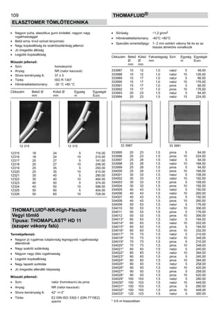 109
ELASZTOMER TÖMLŐTECHNIKA
thomafluid®
•	 Nagyon puha, elasztikus gumi kivitellel, nagyon nagy
rugalmassággal
•	 Belül sima, kívül szövet lenyomatú
•	 Nagy kopásállóság és szakítószilárdság jellemzi
•	 Jó öregedés állóság
•	 Legjobb kopásállóság
Műszaki jellemző:
•	 Szín:	 homokszínű
•	 Anyag:	 NR (natúr kaucsuk)
•	 Shore keménység A:	 37 ± 5
•	 Tűrés:	 ISO R 1307
•	 Hőmérséklettartomány:	 -30 °C +60 °C
Cikkszám	 Belső Ø	 Külső Ø	 Egység	 Egységár
	 mm	 mm	 m	 Euro
12315	 18	 24	 5	 116.00
12316	 18	 24	 10	 210.00
12317	 20	 27	 5	 141.00
12318	 20	 27	 10	 248.00
12319	 25	 35	 5	 250.00
12320	 25	 35	 10	 410.00
12321	 30	 40	 5	 290.00
12322	 30	 40	 10	 464.00
12323	 40	 50	 5	 374.00
12324	 40	 50	 10	 596.00
12325	 50	 60	 5	 454.00
12326	 50	 60	 10	 728.00
THOMAFLUID®-NR-High-Flexible
Vegyi tömlő
Típusa: THOMAPLAST® HD 11
(szuper vékony falú)
Termékjellemző:
•	 Nagyon jó rugalmas tulajdonság legnagyobb rugalmassági
állandónál
•	 Nagy szakító szilárdság
•	 Nagyon nagy ütés rugalmasság
•	 Legjobb kopásállóság
•	 Nagy tapadó súrlódás
•	 Jó öregedés ellenálló képesség
Műszaki jellemző:
•	 Szín:	 natúr (homokszín) és piros
•	 Anyag:	 NR (natúr kaucsuk)
•	 Shore keménység A:	 42° +/-3°
•	 Tűrés:	 E2 DIN ISO 3302-1 (DIN 7715E2)
		 szerint
•	 Sűrűség:	 ~1,2 g/cm2
•	 Hőmérséklettartomány:	 -40°C +80°C
•	 Speciális ismertetőjegy:	 1- 2 mm extrém vékony fal és ez az
		 összes átmérőre vonatkozik
Cikkszám	 Belső 	Külső	 Falvastagság	 Szín	 Egység	 Egységár
	 Ø 	 Ø 	 mm		 m	 Euro
	 mm	 mm
333987	 10	 12	 1,0	 natúr	 5	 48,00
333988	 10	 12	 1,0	 natúr	 15	 126,00
333989	 15	 17	 1,0	 natur	 5	 66,00
333990	 15	 17	 1,0	 natúr	 15	 176,00
333991	 15	 17	 1,0	 piros	 5	 66,00
333992	 15	 17	 1,0	 piros	 15	 176,00
333993	 20	 23	 1,5	 natur	 5	 84,00
333994	 20	 23	 1,5	 natúr	 15	 224,00
333995	 20	 23	 1,5	 piros	 5	 84,00
333996	 20	 23	 1,5	 piros	 15	 224,00
333997	 25	 28	 1,5	 natúr	 5	 94,00
333998	 25	 28	 1,5	 natúr	 10	 168,00
333999	 25	 28	 1,5	 piros	 5	 94,00
334000	 25	 28	 1,5	 piros	 10	 168,00
334001	 30	 33	 1,5	 natur	 5	 108,00
334002	 30	 33	 1,5	 natúr	 10	 192,00
334003	 30	 33	 1,5	 piros	 5	 108,00
334004	 30	 33	 1,5	 piros	 10	 192,00
334005	 40	 43	 1,5	 natúr	 5	 150,00
334006	 40	 43	 1,5	 natúr	 10	 260,00
334007	 40	 43	 1,5	 piros	 5	 150,00
334008	 40	 43	 1,5	 piros	 10	 260,00
334009	 50	 53	 1,5	 natur	 5	 176,00
334010	 50	 53	 1,5	 natúr	 10	 306,00
334011	 50	 53	 1,5	 piros	 5	 176,00
334012	 50	 53	 1,5	 piros	 10	 306,00
334013*	 60	 63	 1,5	 natúr	 5	 194,00
334014*	 60	 63	 1,5	 natúr	 10	 332,00
334015*	 60	 63	 1,5	 piros	 5	 194,00
334016*	 60	 63	 1,5	 piros	 10	 332,00
334017*	 70	 73	 1,5	 natúr	 5	 210,00
334018*	 70	 73	 1,5	 natúr	 10	 348,00
334019*	 70	 73	 1,5	 piros	 5	 210,00
334020*	 70	 73	 1,5	 piros	 10	 348,00
334021*	 80	 83	 1,5	 natúr	 5	 240,00
334022*	 80	 83	 1,5	 natúr	 10	 394,00
334023*	 80	 83	 1,5	 piros	 5	 240,00
334024*	 80	 83	 1,5	 piros	 10	 394,00
334025*	 90	 93	 1,5	 natur	 5	 258,00
334026*	 90	 93	 1,5	 natúr	 10	 420,00
334027*	 90	 93	 1,5	 piros	 5	 258,00
334028*	 90	 93	 1,5	 piros	 10	 420,00
334029*	 100	 103	 1,5	 natúr	 5	 280,00
334030*	 100	 103	 1,5	 natúr	 10	 448,00
334031*	 100	 103	 1,5	 piros	 5	 280,00
334032*	 100	 103	 1,5	 piros	 10	 448,00
334033*	 120	 123	 1,5	 natur	 5	 300,00
* 3-5 m hosszokban
33 3987 33 399112 315 12 315
 