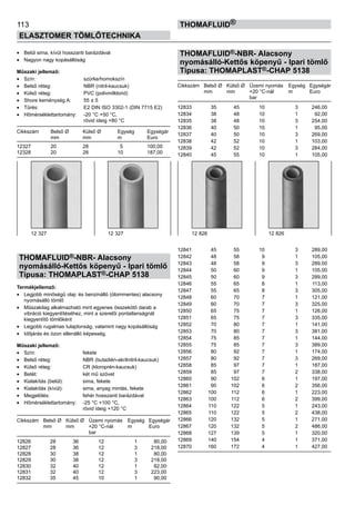 113
ELASZTOMER TÖMLŐTECHNIKA
thomafluid®
•	 Belül sima, kívül hosszanti barázdával
•	 Nagyon nagy kopásállóság
Műszaki jellemző:
•	 Szín:	 szürke/homokszín
•	 Belső réteg:	 NBR (nitril-kaucsuk)
•	 Külső réteg:	 PVC (polivinilklorid)
•	 Shore keménység A:	 55 ± 5
•	 Tűrés:	 E2 DIN ISO 3302-1 (DIN 7715 E2)
•	 Hőmérséklettartomány:	 -20 °C +50 °C,
		 rövid ideig +80 °C
Cikkszám	 Belső Ø	 Külső Ø	 Egység	 Egységár
	 mm	 mm	 m	 Euro
12327	 20	 28	  5	 100,00
12328	 20	 28	 10	 187,00
THOMAFLUID®-NBR- Alacsony
nyomásálló-Kettős köpenyű - Ipari tömlő
Típusa: THOMAPLAST®-CHAP 5138
Termékjellemző:
•	 Legjobb minőségű olaj- és benzinálló (ólommentes) alacsony
nyomásálló tömlő
•	 Műszakilag alkalmazható mint egyenes összekötő darab a
vibráció kiegyenlítéséhez, mint a szerelői pontatlanságnál
kiegyenlítő tömlőként
•	 Legjobb rugalmas tulajdonság, valamint nagy kopásállóság
•	 Időjárás és ózon ellenálló képesség.
Műszaki jellemző:
•	 Szín:	 fekete
•	 Belső réteg:	 NBR (butadién-akrilnitril-kaucsuk)
•	 Külső réteg:	 CR (kloroprén-kaucsuk)
•	 Betét:	 két mű szövet
•	 Kialakítás (belül):	 sima, fekete
•	 Kialakítás (kívül):	 sima, anyag mintás, fekete
•	 Megjelölés:	 fehér hosszanti barázdával
•	 Hőmérséklettartomány:	 -25 °C +100 °C,
		 rövid ideig +120 °C
Cikkszám	 Belső Ø	 Külső Ø	 Üzemi nyomás	 Egység	 Egységár
	 mm	 mm	 +20 °C-nál	 m	 Euro
			 bar
12826	 28	 36	 12	 1	 80,00
12827	 28	 36	 12	 3	 218,00
12828	 30	 38	 12	 1	 80,00
12829	 30 	 38	 12	 3	 218,00
12830	 32	 40	 12	 1	 82,00
12831	 32	 40	 12	 3	 223,00
12832	 35	 45	 10	 1	 90,00
THOMAFLUID®-NBR- Alacsony
nyomásálló-Kettős köpenyű - Ipari tömlő
Típusa: THOMAPLAST®-CHAP 5138
Cikkszám	 Belső Ø	 Külső Ø	 Üzemi nyomás	 Egység	 Egységár
	 mm	 mm	 +20 °C-nál	 m	 Euro
			 bar
12833	 35	 45	 10	 3	 246,00
12834	 38	 48	 10	 1	 92,00
12835	 38	 48	 10	 3	 254,00
12836	 40 	 50	 10	 1	 95,00
12837	 40	 50	 10	 3	 269,00
12838	 42	 52	 10	 1	 103,00
12839	 42	 52	 10	 3	 284,00
12840	 45	 55	 10	 1	 105,00
12841	 45	 55	 10	 3	 289,00
12842	 48	 58	 9	 1	 105,00
12843	 48 	 58	 9	 3	 289,00
12844	 50	 60	 9	 1	 105,00
12845	 50	 60	 9	 3	 289,00
12846	 55	 65	 8	 1	 113,00
12847	 55	 65	 8	 3	 305,00
12848	 60	 70	 7	 1	 121,00
12849	 60 	 70	 7	 3	 325,00
12850	 65	 75	 7	 1	 126,00
12851	 65	 75	 7	 3	 335,00
12852	 70	 80	 7	 1	 141,00
12853	 70	 80	 7	 3	 381,00
12854	 75	 85	 7	 1	 144,00
12855	 75 	 85	 7	 3	 389,00
12856	 80	 92	 7	 1	 174,00
12857	 80	 92	 7	 3	 269,00
12858	 85	 97	 7	 1	 187,00
12859	 85	 97	 7	 2	 338,00
12860	 90	 102	 6	 1	 197,00
12861	 90	 102	 6	 2	 356,00
12862	 100	 112	 6	 1	 223,00
12863	 100	 112	 6	 2	 399,00
12864	 110 	 122	 5	 1	 243,00
12865	 110	 122	 5	 2	 438,00
12866	 120	 132	 5	 1	 271,00
12867	 120	 132	 5	 2	 486,00
12868	 127	 139	 5	 1	 320,00
12869	 140	 154	 4	 1	 371,00
12870	 160	 172	 4	 1	 427,00
12 826 12 82612 327 12 327
 