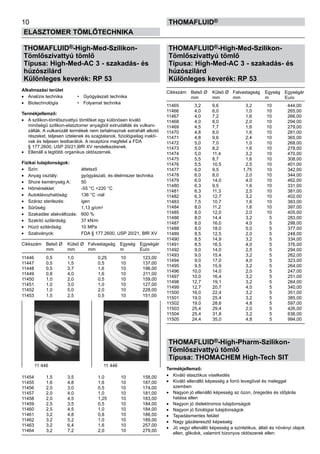 THOMAFLUID®-High-Med-Szilikon-
Tömlőszivattyú tömlő
Típusa: High-Med-AC 3 - szakadás- és
húzószilárd
Különleges keverék: RP 53
Alkalmazási terület
•	 Analízis technika 	 •	 Gyógyászati technika
•	 Biotechnológia	 •	 Folyamat technika
Termékjellemző:
•	 A szilikon-tömlőszivattyú tömlőket egy különösen kiváló
minőségű szilikon-elasztomer anyagból extrudálták és vulkani-
zálták. A vulkanizált termékek nem tartalmaznak extrahált alkotó
részeket, teljesen íztelenek és szagtalanok, fiziológiailag inaktí-
vak és teljesen testbarátok. A receptúra megfelel a FDA
§ 177.2600, USP 20/21,BfR XV rendelkezésnek.
•	 Ellenáll a legtöbb organikus oldószernek.
Fizikai tulajdonságok:
•	 Szín:	 áttetsző
•	 Anyag osztály:	 gyógyászati, és élelmiszer technika
•	 Shore keménység A:	 50
•	 Hőmérséklet:	 -55 °C +220 °C
•	 Autoklávozhatóság:	 136 °C -nál
•	 Száraz sterilezés:	 igen
•	 Sűrűség:	 1,13 g/cm3
•	 Szakadási alakváltozás:	 600 %
•	 Szakító szilárdság:	 37 kN/m
•	 Húzó szilárdság:	 10 MPa
•	 Szabványok:	 FDA § 177.2600, USP 20/21, BfR XV
Cikkszám	 Belső Ø	 Külső Ø	 Falvastagság	 Egység	 Egységár
	 mm	 mm	 mm	 m	 Euro
11446	 0,5	 1,0	 0,25	 10	 123,00
11447	 0,5	 1,5	 0,5	 10	 137,00
11448	 0,5	 3,7	 1,6	 10	 196,00
11449	 0,8	 4,0	 1,6	 10	 211,00
11450	 1,0	 2,0	 0,5	 10	 159,00
11451	 1,0	 3,0	 1,0	 10	 127,00
11452	 1,0	 5,0	 2,0	 10	 228,00
11453	 1,5	 2,5	 0,5	 10	 151,00
11454	 1,5	 3,5	 1,0	 10	 158,00
11455	 1,6	 4,8	 1,6	 10	 187,00
11456	 2,0	 3,0	 0,5	 10	 174,00
11457	 2,0	 4,0	 1,0	 10	 181,00
11458	 2,0	 4,5	 1,25	 10	 183,00
11459	 2,5	 3,5	 0,5	 10	 184,00
11460	 2,5	 4,5	 1,0	 10	 184,00
11461	 3,2	 4,8	 0,8	 10	 186,00
11462	 3,2	 5,2	 1,0	 10	 189,00
11463	 3,2	 6,4	 1,6	 10	 257,00
11464	 3,2	 7,2	 2,0	 10	 279,00
THOMAFLUID®-High-Med-Szilikon-
Tömlőszivattyú tömlő
Típusa: High-Med-AC 3 - szakadás- és
húzószilárd
Különleges keverék: RP 53
Cikkszám	 Belső Ø	 Külső Ø	 Falvastagság	 Egység	 Egységár
	 mm	 mm	 mm	 m	 Euro
11465	 3,2	 9,6	 3,2	 10	 444,00
11466	 4,0	 6,0	 1,0	 10	 265,00
11467	 4,0	 7,2	 1,6	 10	 266,00
11468	 4,0	 8,0	 2,0	 10	 294,00
11469	 4,5	 7,7	 1,6	 10	 279,00
11470	 4,8	 8,0	 1,6	 10	 281,00
11471	 4,8	 9,6	 2,4	 10	 365,00
11472	 5,0	 7,0	 1,0	 10	 268,00
11473	 5,0	 8,2	 1,6	 10	 278,00
11474	 5,0	 11,4	 3,2	 10	 470,00
11475	 5,5	 8,7	 1,6	 10	 308,00
11476	 5,5	 10,5	 2,5	 10	 401,00
11477	 6,0	 9,5	 1,75	 10	 342,00
11478	 6,0	 8,0	 2,0	 10	 344,00
11479	 6,0	 14,0	 4,0	 10	 462,00
11480	 6,3	 9,5	 1,6	 10	 331,00
11481	 6,3	 11,3	 2,5	 10	 381,00
11482	 6,3	 12,7	 3,2	 10	 402,00
11483	 7,5	 10,7	 1,6	 10	 383,00
11484	 8,0	 11,2	 1,6	 10	 397,00
11485	 8,0	 12,0	 2,0	 10	 405,00
11486	 8,0	 14,4	 3,2	 5	 283,00
11487	 8,0	 16,0	 4,0	 5	 298,00
11488	 8,0	 18,0	 5,0	 5	 377,00
11489	 8,5	 12,5	 2,0	 5	 248,00
11490	 8,5	 14,9	 3,2	 5	 334,00
11491	 8,5	 16,5	 4,0	 5	 376,00
11492	 9,0	 14,0	 2,5	 5	 294,00
11493	 9,0	 15,4	 3,2	 5	 262,00
11494	 9,0	 17,0	 4,0	 5	 323,00
11495	 9,5	 15,9	 3,2	 5	 264,00
11496	 10,0	 14,0	 2,0	 5	 247,00
11497	 10,0	 16,4	 3,2	 5	 251,00
11498	 12,7	 19,1	 3,2	 5	 264,00
11499	 12,7	 20,7	 4,0	 5	 340,00
11500	 16,0	 22,4	 3,2	 5	 351,00
11501	 19,0	 25,4	 3,2	 5	 385,00
11502	 19,0	 28,6	 4,8	 5	 597,00
11503	 25,4	 29,4	 2,0	 5	 426,00
11504	 25,4	 31,8	 3,2	 5	 636,00
11505	 24,4	 35,0	 4,8	 5	 994,00
THOMAFLUID®-High-Pharm-Szilikon-
Tömlőszivattyú tömlő
Típusa: THOMACHEM High-Tech SIT
Termékjellemző:
•	 Kiváló elasztikus viselkedés
•	 Kiváló ellenálló képesség a forró levegővel és meleggel
szemben
•	 Nagyon jó ellenálló képesség az ózon, öregedés és időjárás
hatása ellen
•	 Nagyon jó dielektromos tulajdonságok
•	 Nagyon jó fiziológiai tulajdonságok
•	 Tapadásmentes felület
•	 Nagy gázáteresztő képesség
•	 Jó vegyi ellenálló képesség a szintetikus, állati és növényi olajok
ellen, glikolok, valamint bizonyos oldószerek ellen.
10
ELASZTOMER TÖMLŐTECHNIKA
thomafluid®
11 446 11 446
 