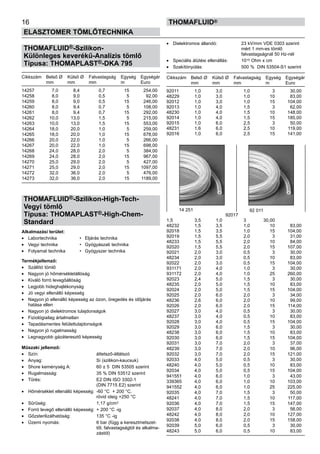 16
ELASZTOMER TÖMLŐTECHNIKA
thomafluid®
THOMAFLUID®-Szilikon-
Különleges keverékű-Analízis tömlő
Típusa: THOMAPLAST®-DKA 795
Cikkszám	 Belső Ø	 Külső Ø	 Falvastagság	 Egység	 Egységár
	 mm	 mm	 mm	 m	 Euro
14257	 7,0	 8,4	 0,7	 15	 254,00
14258	 8,0	 9,0	 0,5	 5	 92,00
14259	 8,0	 9,0	 0,5	 15	 246,00
14260	 8,0	 9,4	 0,7	 5	 108,00
14261	 8,0	 9,4	 0,7	 15	 292,00
14262	 10,0	 13,0	 1,5	 5	 215,00
14263	 10,0	 13,0	 1,5	 15	 553,00
14264	 18,0	 20,0	 1,0	 5	 259,00
14265	 18,0	 20,0	 1,0	 15	 678,00
14266	 20,0	 22,0	 1,0	 5	 266,00
14267	 20,0	 22,0	 1,0	 15	 698,00
14268	 24,0	 28,0	 2,0	 5	 384,00
14269	 24,0	 28,0	 2,0	 15	 967,00
14270	 25,0	 29,0	 2,0	 5	 427,00
14271	 25,0	 29,0	 2,0	 15	 1097,00
14272	 32,0	 36,0	 2,0	 5	 476,00
14273	 32,0	 36,0	 2,0	 15	 1189,00
THOMAFLUID®-Szilikon-High-Tech-
Vegyi tömlő
Típusa: THOMAPLAST®-High-Chem-
Standard
Alkalmazási terület:
•	 Labortechnika 	 •	 Eljárás technika
•	 Vegyi technika 	 •	 Gyógyászati technika
•	 Folyamat technika 	 •	 Gyógyszer technika
Termékjellemző:
•	 Szállító tömlő
•	 Nagyon jó hőmérsékletállóság
•	 Kiváló forró levegőállóság
•	 Legjobb hideghajlékonyság
•	 Jó vegyi ellenálló képesség
•	 Nagyon jó ellenálló képesség az ózon, öregedés és időjárás
hatása ellen
•	 Nagyon jó dielektromos tulajdonságok
•	 Fiziológiailag ártalmatlan
•	 Tapadásmentes felülettulajdonságok
•	 Nagyon jó rugalmasság
•	 Legnagyobb gázáteresztő képesség
Műszaki jellemző:
•	 Szín:	 áttetsző-átlátszó
•	 Anyag:	 Si (szilikon-kaucsuk)
•	 Shore keménység A:	 60 ± 5 DIN 53505 szerint
•	 Rugalmasság:	 35 % DIN 53512 szerint
•	 Tűrés:	 E2 DIN ISO 3302-1
		 (DIN 7715 E2) szerint
•	 Hőmérséklet ellenálló képesség:	 -60 °C + 200 °C,
		 rövid ideig +250 °C
•	 Sűrűség:	 1,17 g/cm3
•	 Forró levegő ellenálló képesség:	 + 200 °C -ig
•	 Gőzsterilizálhatóság:	 135 °C -ig
•	 Üzemi nyomás:	 6 bar (függ a keresztmetszet-
		 től, falvastagságtól és alkalma-
		 zástól)
•	 Dielektromos állandó:	 23 kV/mm VDE 0303 szerint 	
		 mért 1 mm-es tömlő
		 falvastagságnál 50 Hz-nél
•	 Speciális átütési ellenállás:	 1015 Ohm x cm
•	 Szakítónyúlás:	 500 % DIN 53504-S1 szerint
Cikkszám	 Belső Ø	 Külső Ø	 Falvastagság	 Egység	 Egységár
	 mm	 mm	 mm	 m	 Euro
92011	 1,0	 3,0	 1,0	 3	 30,00
48229	 1,0	 3,0	 1,0	 10	 83,00
92012	 1,0	 3,0	 1,0	 15	 104,00
92013	 1,0	 4,0	 1,5	 3	 62,00
48230	 1,0	 4,0	 1,5	 10	 148,00
92014	 1,0	 4,0	 1,5	 15	 185,00
92015	 1,0	 6,0	 2,5	 3	 50,00
48231	 1,6	 6,0	 2,5	 10	 119,00
92016	 1,0	 6,0	 2,5	 15	 141,00
92017	
1,5	 3,5	 1,0	 3	 30,00
48232	 1,5	 3,5	 1,0	 10	 83,00
92018	 1,5	 3,5	 1,0	 15	 104,00
92019	 1,5	 5,5	 2,0	 3	 31,00
48233	 1,5	 5,5	 2,0	 10	 84,00
92020	 1,5	 5,5	 2,0	 15	 107,00
92021	 2,0	 3,0	 0,5	 3	 30,00
48234	 2,0	 3,0	 0,5	 10	 83,00
92022	 2,0	 3,0	 0,5	 15	 104,00
931171	 2,0	 4,0	 1,0	 3	 30,00
931172	 2,0	 4,0	 1,0	 25	 260,00
92023	 2,4	 5,0	 1,5	 3	 30,00
48235	 2,0	 5,0	 1,5	 10	 83,00
92024	 2,0	 5,0	 1,5	 15	 104,00
92025	 2,0	 6,0	 2,0	 3	 34,00
48236	 2,6	 6,0	 2,0	 10	 99,00
92026	 2,0	 6,0	 2,0	 15	 114,00
92027	 3,0	 4,0	 0,5	 3	 30,00
48237	 3,0	 4,0	 0,5	 10	 83,00
92028	 3,0	 4,0	 0,5	 15	 104,00
92029	 3,0	 6,0	 1,5	 3	 30,00
48238	 3,0	 6,0	 1,5	 10	 83,00
92030	 3,0	 6,0	 1,5	 15	 104,00
92031	 3,0	 7,0	 2,0	 3	 37,00
48239	 3,0	 7,0	 2,0	 10	 96,00
92032	 3,0	 7,0	 2,0	 15	 121,00
92033	 4,0	 5,0	 0,5	 3	 30,00
48240	 4,0	 5,0	 0,5	 10	 83,00
92034	 4,0	 5,0	 0,5	 15	 104,00
941551	 4,0	 6,0	 1,0	 3	 43,00
339365	 4,0	 6,0	 1,0	 10	 103,00
941552	 4,0	 6,0	 1,0	 25	 225,00
92035	 4,0	 7,0	 1,5	 3	 50,00
48241	 4,0	 7,0	 1,5	 10	 117,00
92036	 4,0	 7,0	 1,5	 15	 147,00
92037	 4,0	 8,0	 2,0	 3	 56,00
48242	 4,0	 8,0	 2,0	 10	 127,00
92038	 4,0	 8,0	 2,0	 15	 158,00
92039	 5,0	 6,0	 0,5	 3	 30,00
48243	 5,0	 6,0	 0,5	 10	 83,00
14 251 92 011
 